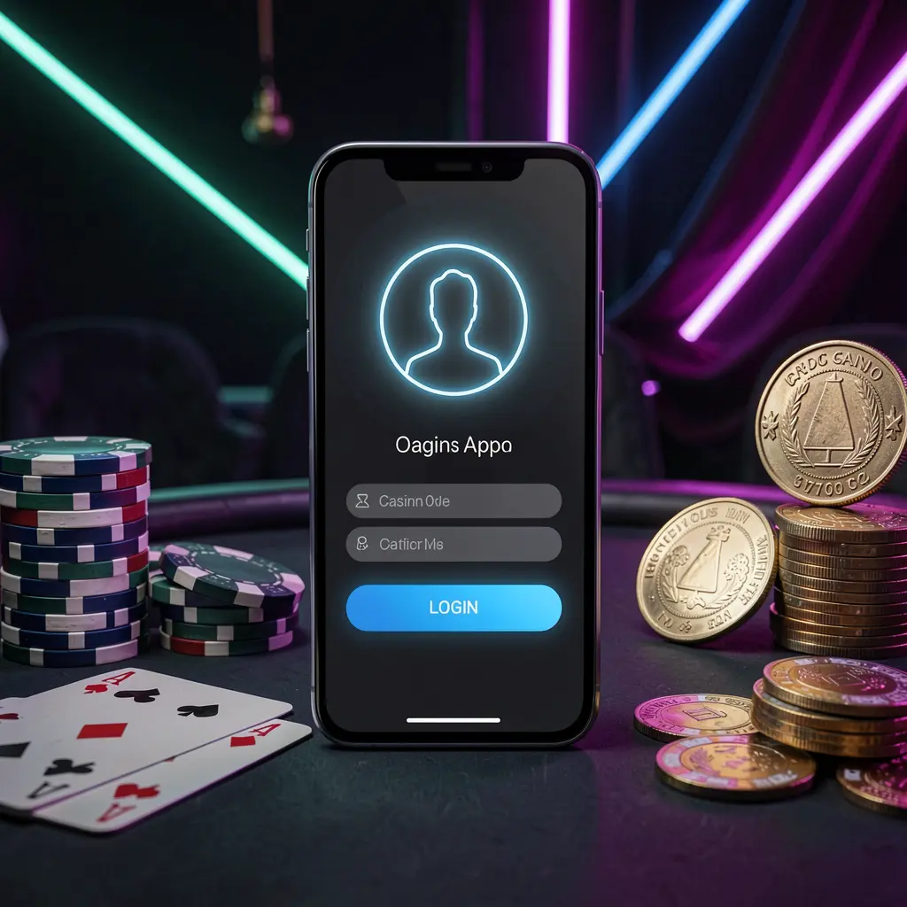 PH717 casino app login scene on smartphone with glowing user profile icon, surrounded by chips, cards, and coins against an elegant dark background with neon highlights
