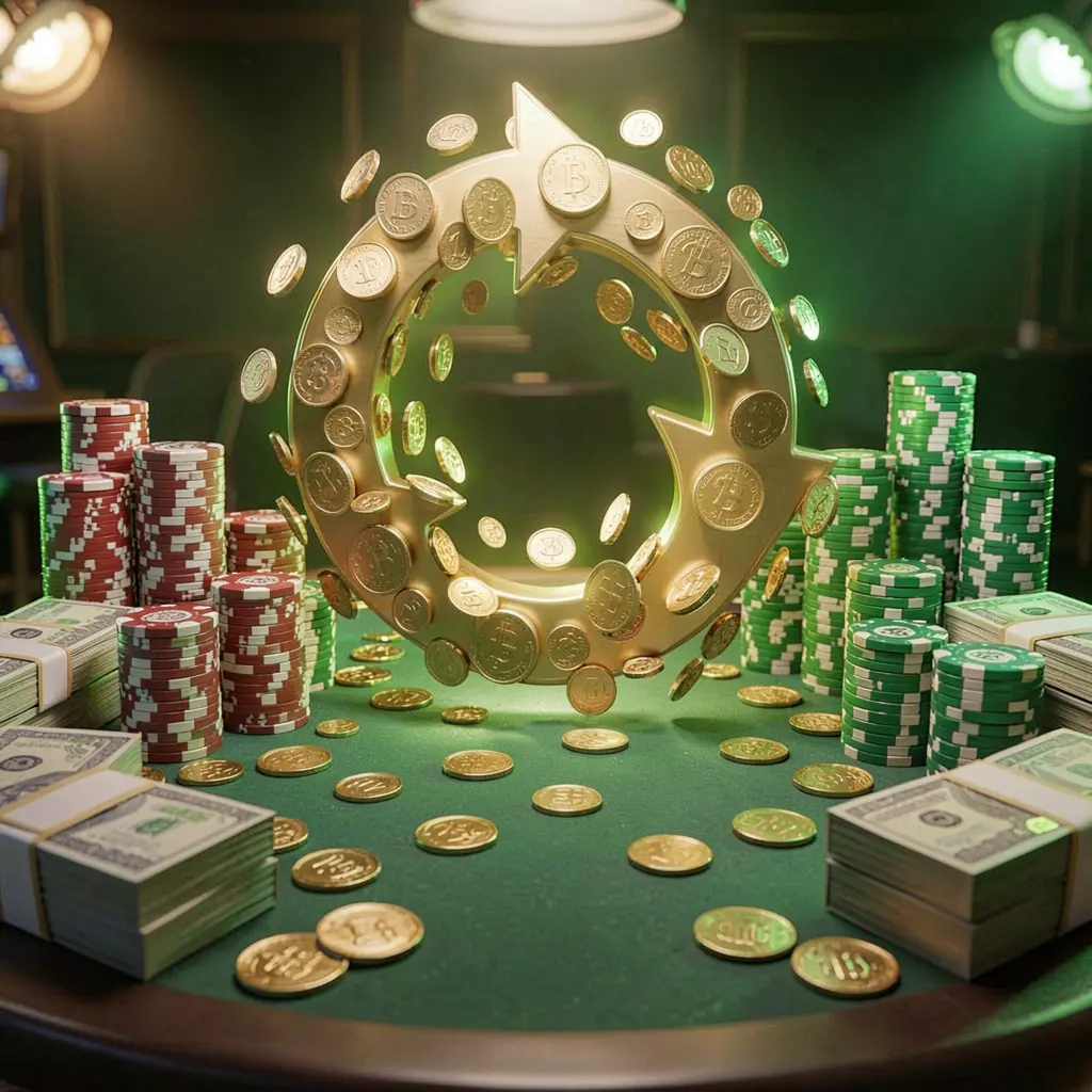 Realistic 3D render of a cashback casino bonus scene featuring coins moving in a circular arrow, stacks of chips, and cash bundles with green and gold glow, branded with PH717