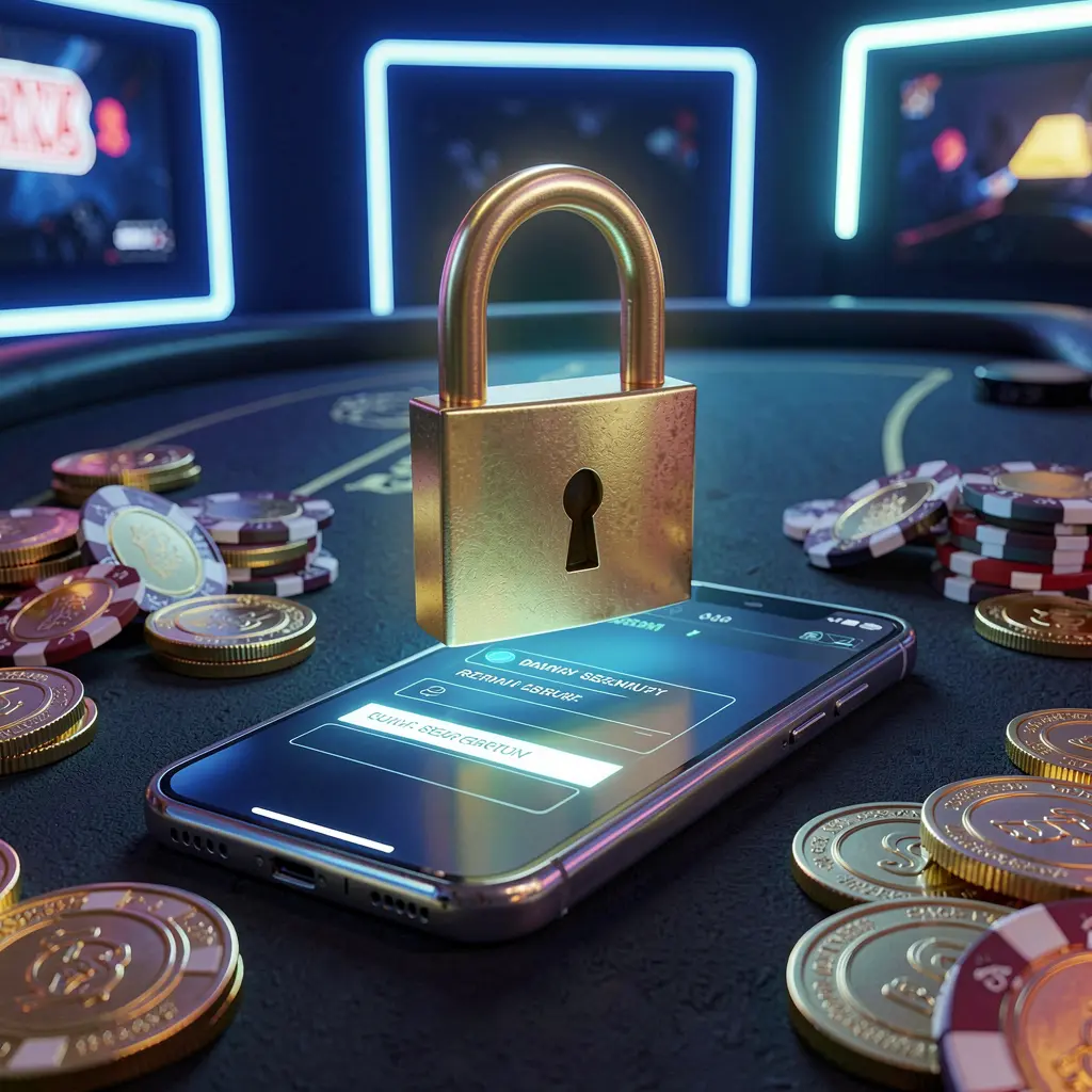 PH717 casino login security image showing a glowing padlock floating above a smartphone with golden coins and chips scattered around on a dark blue neon background in a premium realistic 3D render
