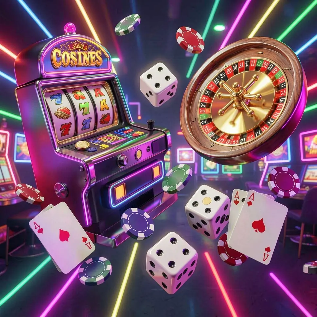 PH717 casino games collection homepage visual featuring a slot machine, roulette wheel, dice, playing cards, and poker chips floating together with colorful neon lights in a premium 3D render